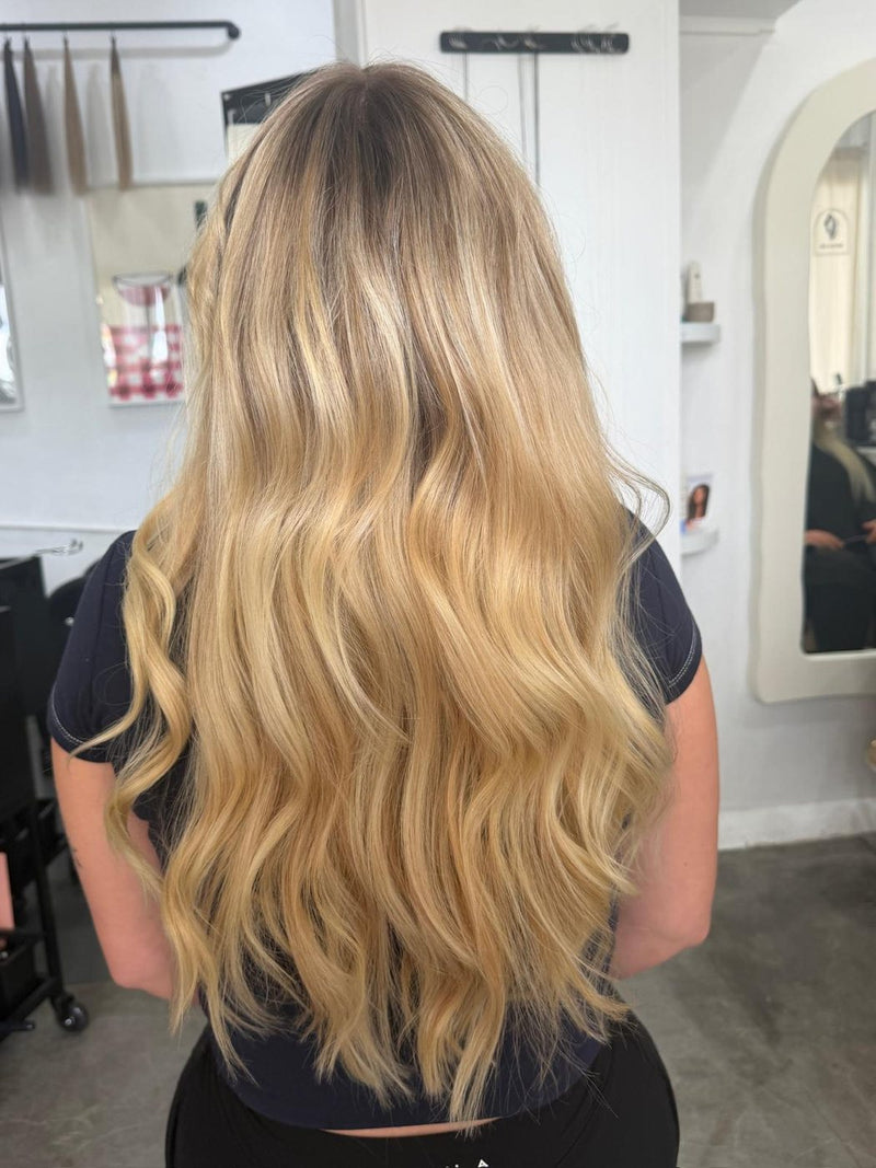 CBK Hair HQ client transformation - blonde balayage hair extensions
